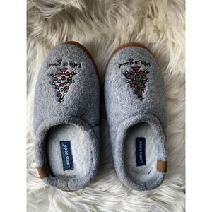Life is Good Women's Gray Cozy Slippers with Embroidered Christmas Tree